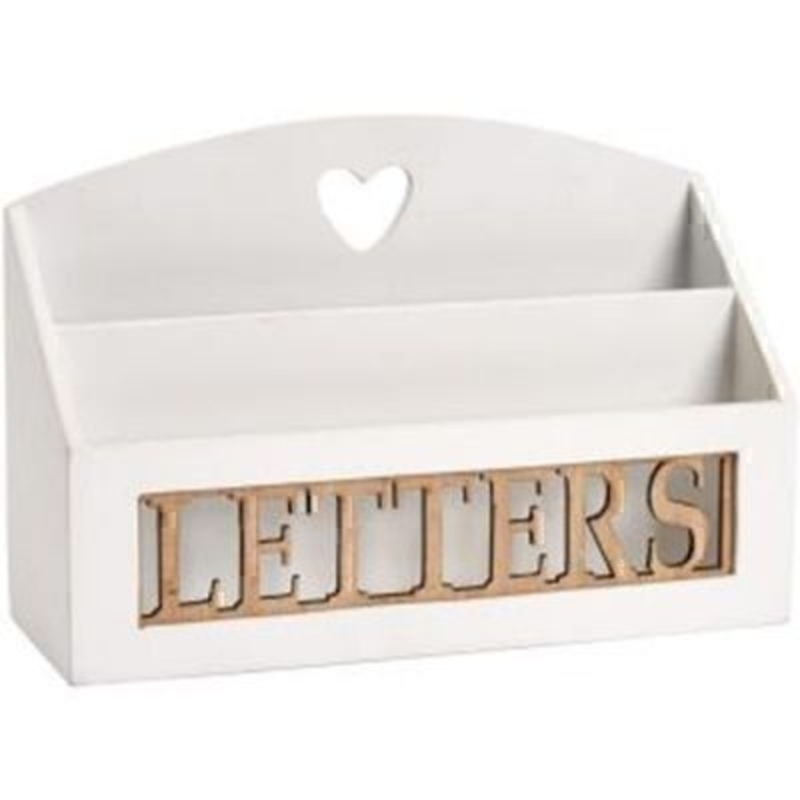 White Wooden Bianca LETTERS Rack by Transomnia. Gorgeous shabby chic style letter rack with the word Letters cut out at the front in a natural wood colour and a heart cut out from the back. Would suit any home décor theme. A perfect new home gift. Size: 16 x 24.5 x 8.5cm